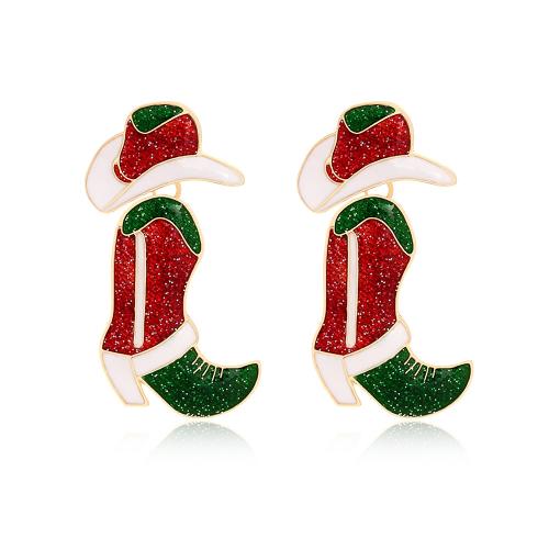 Pendientes de Navidad, aleación de zinc, Bota de Navidad, chapado en color dorado, Diseño de Navidad & Joyería & para mujer & esmalte, 32x52mm, Vendido por Par