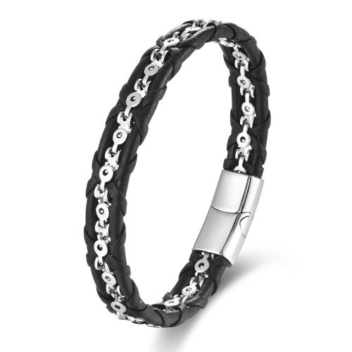 PU Leather Cord Bracelets, with 304 Stainless Steel, Vacuum Ion Plating, fashion jewelry & for man Approx 21 cm 