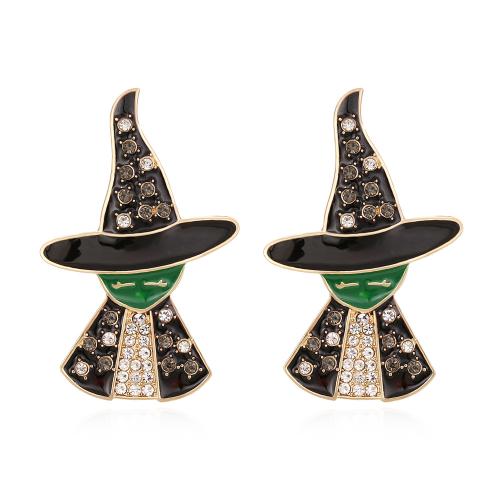 aleación de zinc Arito, Hechicero, chapado en color dorado, Diseño de Halloween & Joyería & para mujer & esmalte & con diamantes de imitación, Negro, 52x33mm, Vendido por Par