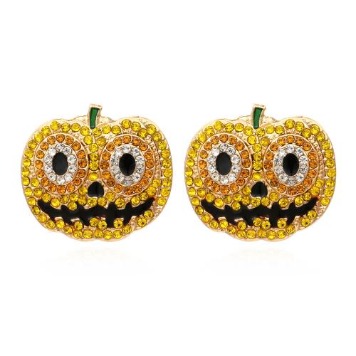 aleación de zinc Arito, Calabaza, chapado en color dorado, Diseño de Halloween & Joyería & para mujer & con diamantes de imitación, 30x33mm, Vendido por Par