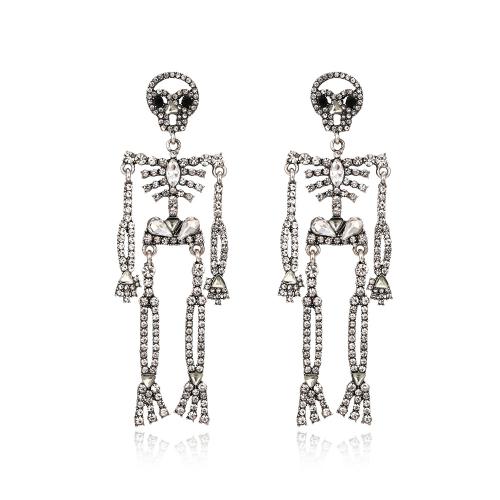 aleación de zinc Pendientes con Colgantes, Esqueleto, chapado en color de plata antigua, Diseño de Halloween & Joyería & para mujer & con diamantes de imitación, 100x30mm, Vendido por Par