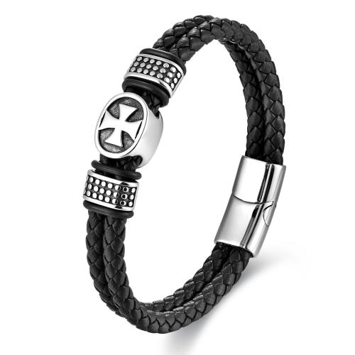 PU Leather Cord Bracelets, with 304 Stainless Steel, Cross, fashion jewelry & for man Approx 21 cm 