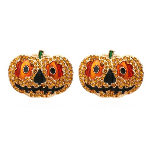 aleación de zinc Arito, Calabaza, chapado en color dorado, Diseño de Halloween & Joyería & para mujer & esmalte & con diamantes de imitación, naranja, 28x38mm, Vendido por Par