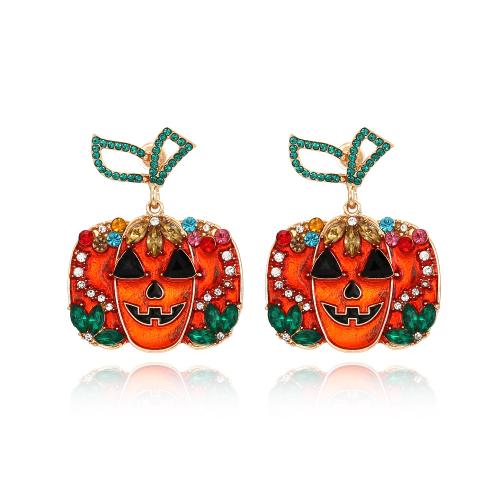 aleación de zinc Pendientes con Colgantes, Calabaza, chapado en color dorado, Diseño de Halloween & Joyería & para mujer & esmalte & con diamantes de imitación, naranja, 45x33mm, Vendido por Par