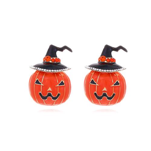 aleación de zinc Arito, Calabaza, chapado en color dorado, Diseño de Halloween & Joyería & para mujer & esmalte & con diamantes de imitación, naranja, 22x30mm, Vendido por Par