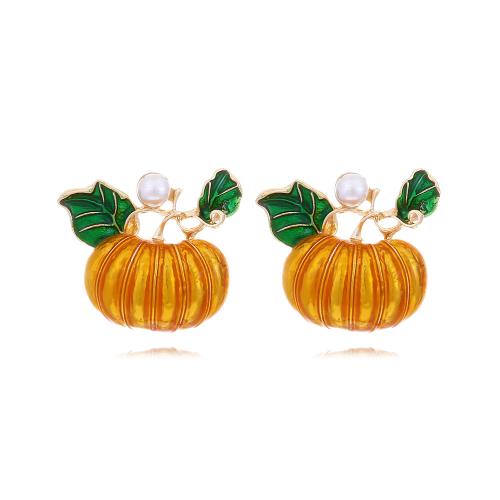 aleación de zinc Arito, con Perlas plásticas, Calabaza, chapado en color dorado, Diseño de Halloween & Joyería & para mujer & esmalte, dorado, 32x28mm, Vendido por Par