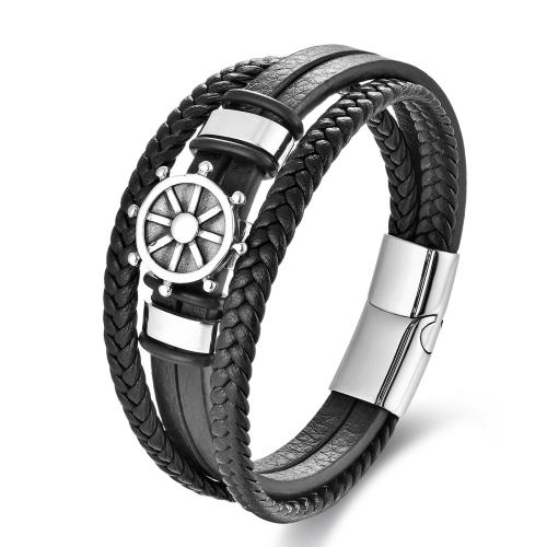 PU Leather Cord Bracelets, with 304 Stainless Steel, Ship Wheel, fashion jewelry & for man Approx 21 cm 