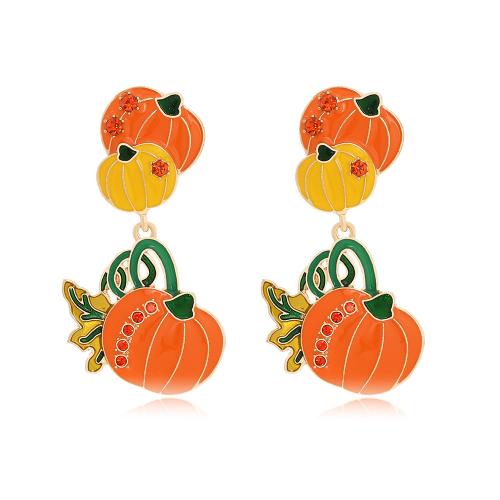 aleación de zinc Pendientes con Colgantes, Calabaza, chapado en color dorado, Joyería de Halloween & para mujer & esmalte & con diamantes de imitación, naranja, 32x57mm, Vendido por Par[