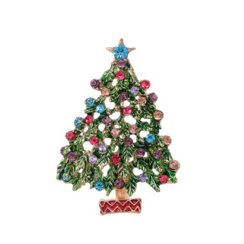 Broche de bijoux de Noël, alliage de zinc, arbre de noël, plaqué de couleur d'or KC, Conception de Noël & émail & avec strass, Vendu par PC[