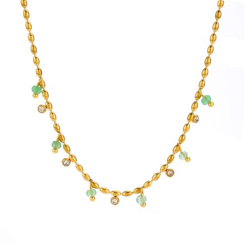 Collier en acier inoxydable Zircon, Acier inoxydable 304, avec aventurine vert, avec 5cm chaînes de rallonge, Placage ionique sous vide, bijoux de mode & pavé de micro zircon & pour femme, Or cm, Vendu par PC[