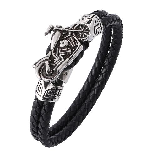 Cowhide Bracelets, 304 Stainless Steel, with Split Layer Cowhide Leather, plated, Unisex black [