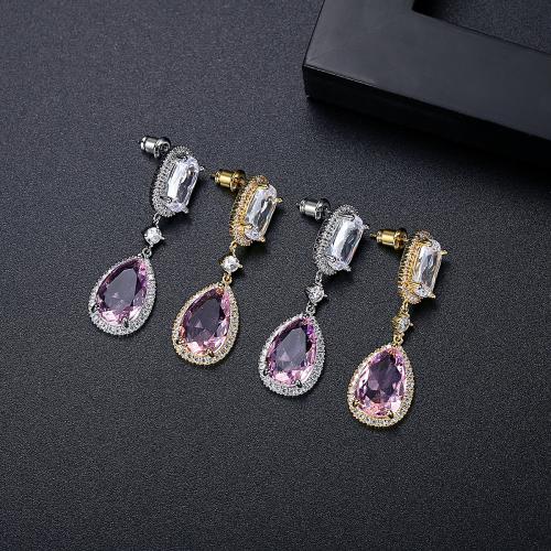 metal Pendientes con Colgantes, Gota, chapado, micro arcilla de zirconia cúbica & para mujer, más colores para la opción, 13.3x42.6mm, Vendido por Par