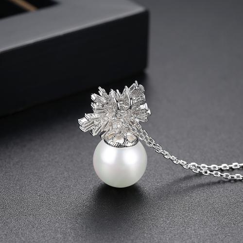 Brass Necklace, with Shell Pearl, with 2inch extender chain, platinum plated, cross chain & micro pave cubic zirconia & for woman Approx 15.7 Inch 