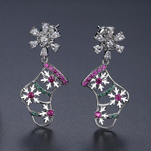 metal Pendientes con Colgantes, Calcetín de Navidad, chapado en platina real, Joyas de Navidad & micro arcilla de zirconia cúbica & para mujer & hueco, 13.4x33.4mm, Vendido por Par