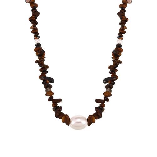 Tiger Eye Necklace, with Shell Pearl & 304 Stainless Steel, with 5cm extender chain, fashion jewelry & for woman Approx 43 cm 