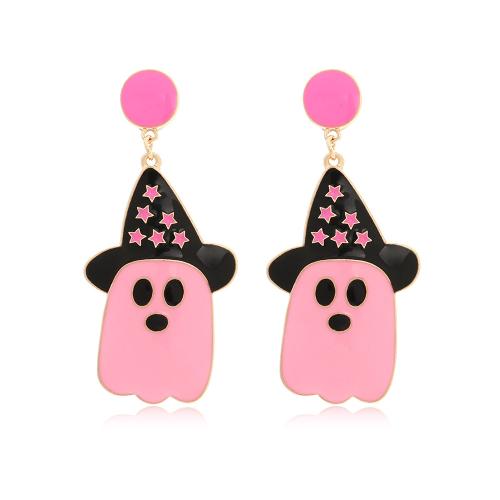 aleación de zinc Pendientes con Colgantes, Fantasma, chapado en color dorado, Joyería de Halloween & para mujer & esmalte, Rosado, 31x66mm, Vendido por Par