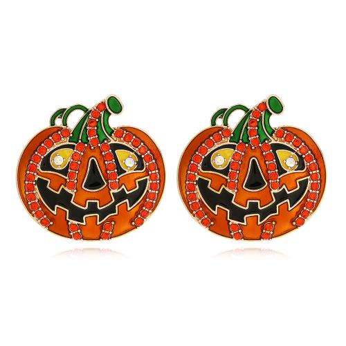 aleación de zinc Arito, Calabaza, chapado en color dorado, Joyería de Halloween & para mujer & esmalte & con diamantes de imitación, naranja, 35x35mm, Vendido por Par