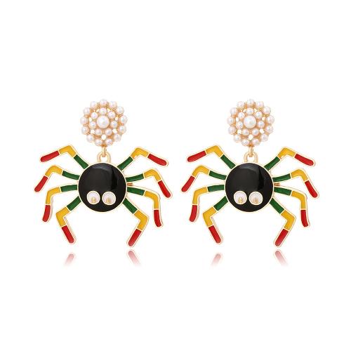 aleación de zinc Pendientes con Colgantes, con Perlas plásticas, Araña, chapado en color dorado, Diseño de Halloween & para mujer & esmalte, multicolor, 43x45mm, Vendido por Par