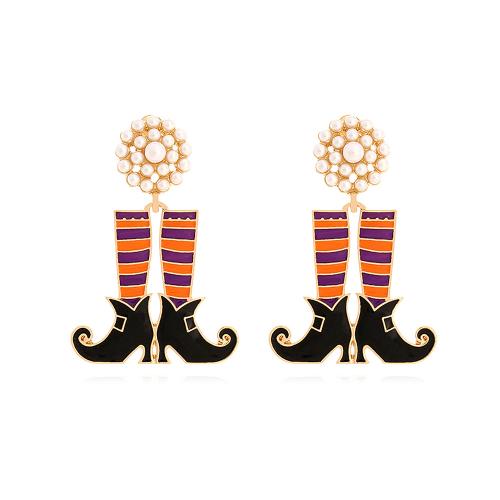 aleación de zinc Pendientes con Colgantes, con Perlas plásticas, Zapatos, chapado en color dorado, Diseño de Halloween & para mujer & esmalte, 28x64mm, Vendido por Par