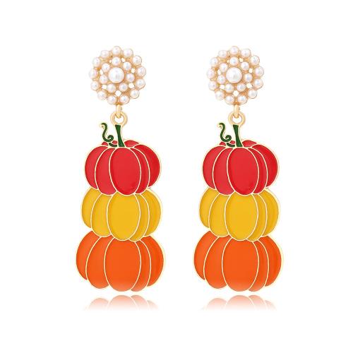 aleación de zinc Pendientes con Colgantes, con Perlas plásticas, Calabaza, chapado en color dorado, Diseño de Halloween & para mujer & esmalte, 23x62mm, Vendido por Par