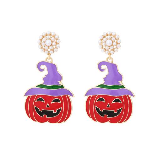 aleación de zinc Pendientes con Colgantes, con Perlas plásticas, Calabaza, chapado en color dorado, Diseño de Halloween & para mujer & esmalte, 32x58mm, Vendido por Par