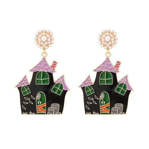 aleación de zinc Pendientes con Colgantes, con Perlas plásticas, Casa, chapado en color dorado, Diseño de Halloween & para mujer & esmalte, 40x61mm, Vendido por Par