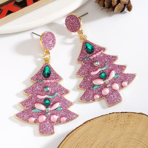 Pendientes de Navidad, aleación de zinc, Árbol de Navidad, chapado en color dorado, Diseño de Navidad & para mujer & con diamantes de imitación & glaseado, Rosado, Vendido por Par