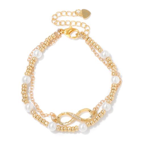 Circonita Aleación de zinc pulsera, con Perlas plásticas, hecho a mano, micro arcilla de zirconia cúbica & para mujer, dorado, longitud:aproximado 18 cm, Vendido por UD