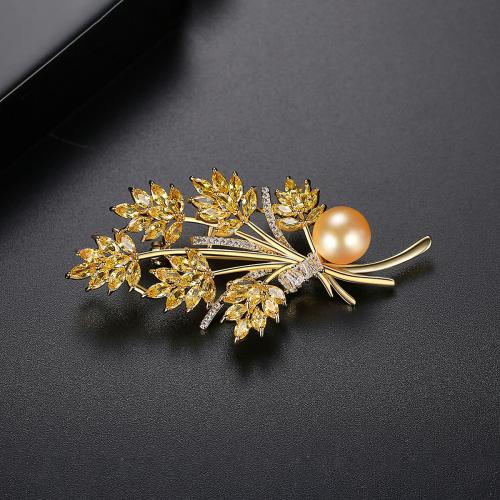 Brass Brooch, with Plastic Pearl, Wheat, gold color plated, micro pave cubic zirconia & for woman [