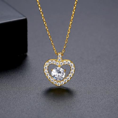 Brass Necklace, with 2inch extender chain, Heart, plated, cross chain & micro pave cubic zirconia & for woman & hollow Approx 15.7 Inch 