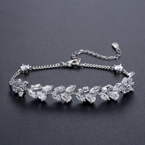 metal Pulsera, con 2inch extender cadena, chapado en platina real, micro arcilla de zirconia cúbica & para mujer, longitud:aproximado 6.7 Inch, Vendido por UD