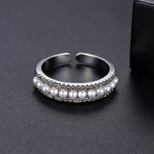 Messing Manschette Fingerring, mit Kunststoff Perlen, platiniert, Micro pave Zirkonia & für Frau, Größe:6-8, verkauft von PC