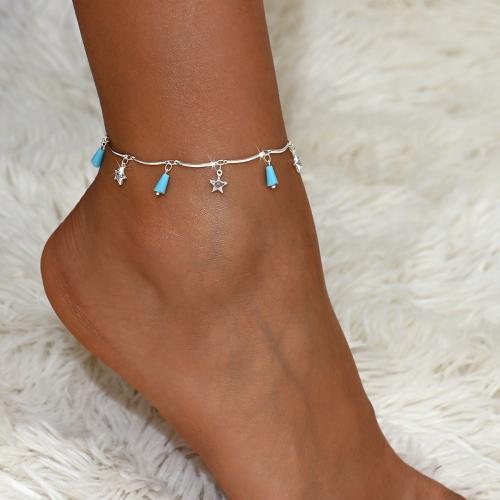 Brass Anklet, with turquoise, with 2.4inch extender chain, Star, silver color plated, Bohemian style & for woman Approx 8.7 Inch [