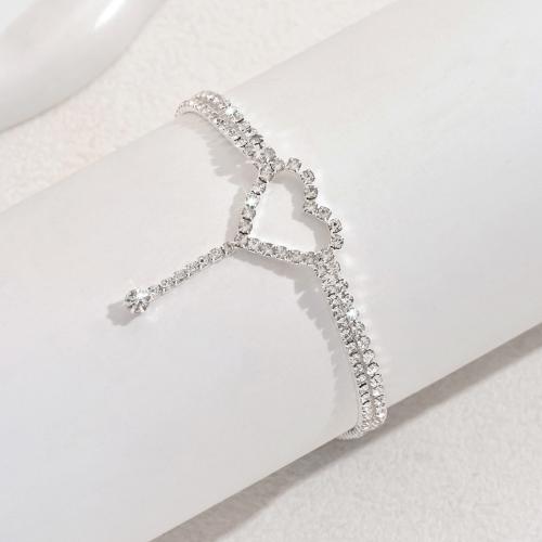 metal pulsera tobillera, con 2.4inch extender cadena, Corazón, chapado en color de plata, para mujer & con diamantes de imitación & hueco, longitud:aproximado 8.7 Inch, Vendido por UD