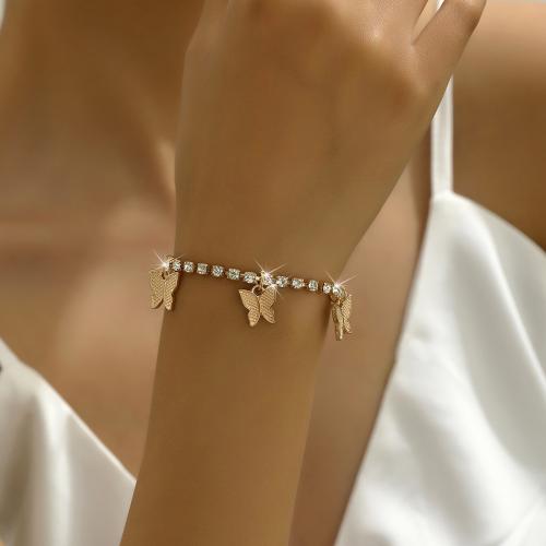 Brass Bracelet, with 2inch extender chain, Butterfly, plated, for woman & with rhinestone Approx 7.9 Inch [