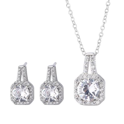 Cubic Zirconia Micro Pave Sterling Sliver Jewelry Sets, 925 Sterling Silver, Stud Earring & necklace, with 4cm extender chain, fashion jewelry & micro pave cubic zirconia & for woman Approx 46 cm [