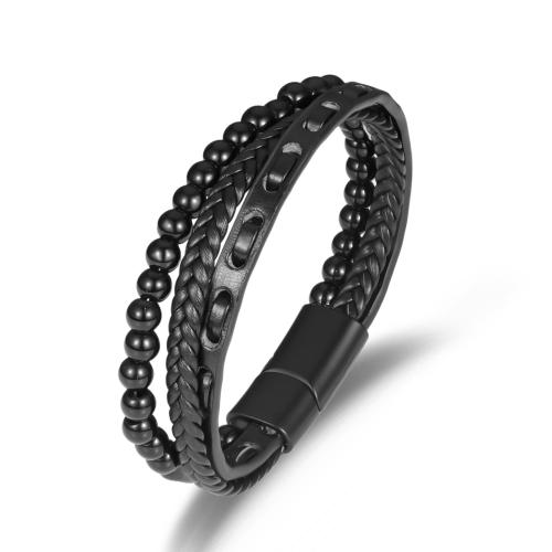 PU Leather Cord Bracelets, with Natural Stone & Zinc Alloy, plumbum black color plated, fashion jewelry & for man, black cm 