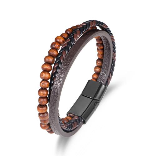 PU Leather Cord Bracelets, with Wood & Zinc Alloy, plumbum black color plated, fashion jewelry & for man, brown cm 