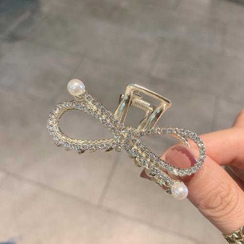 Hair Claw Clips, Zinc Alloy, with Plastic Pearl, Bowknot, plated, for woman & with rhinestone, gold, 75mm 