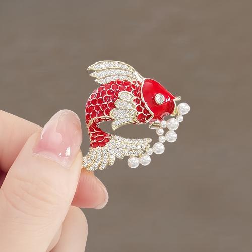 Enamel Brooch, Zinc Alloy, with Plastic Pearl, Fish, plated, for woman & with rhinestone, red 