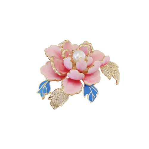 Enamel Brooch, Zinc Alloy, with Plastic Pearl, Tree Paeony, plated, for woman 