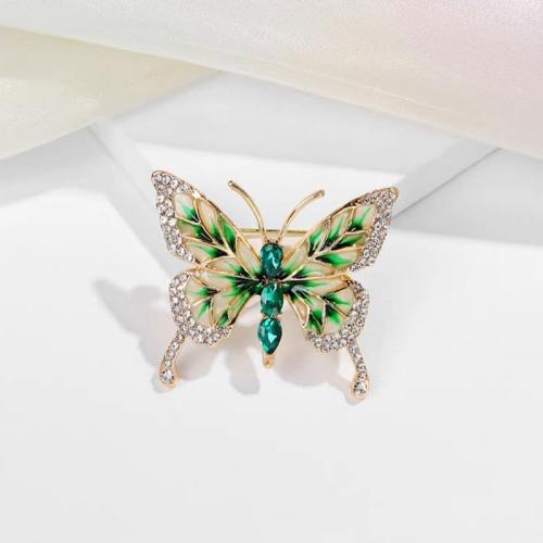 Enamel Brooch, Zinc Alloy, Butterfly, plated, for woman & with rhinestone, green 