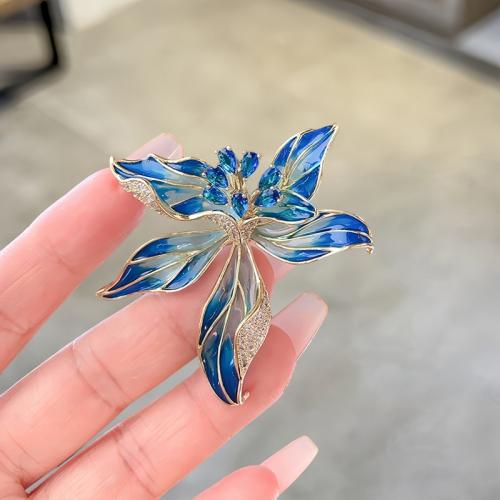 Enamel Brooch, Zinc Alloy, petals, plated, for woman & with rhinestone, blue 