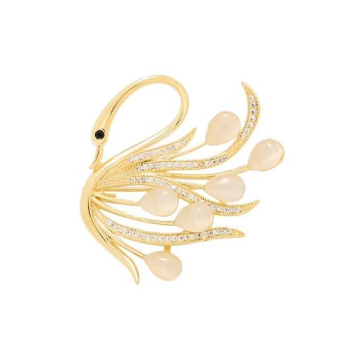 Cats Eye Brooch, Zinc Alloy, with Cats Eye, Swan, plated, for woman & with rhinestone, gold [