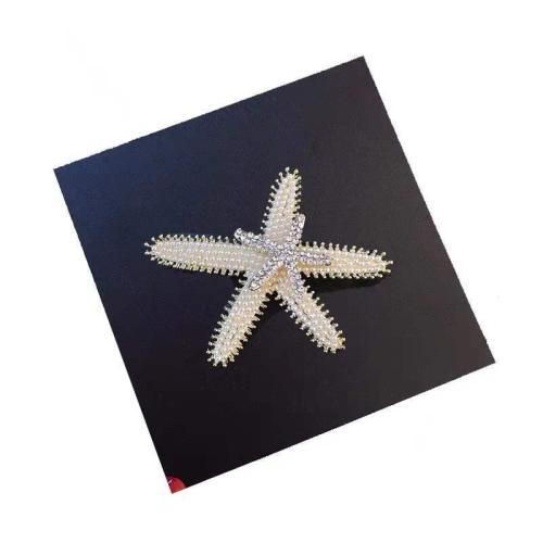 Hair Snap Clips, Zinc Alloy, with Plastic Pearl, Starfish, plated, for woman & with rhinestone, gold 