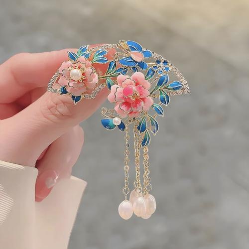 Enamel Brooch, Zinc Alloy, with Plastic Pearl, Tree Paeony, plated, for woman & with rhinestone, gold 