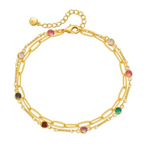 laiton bracelet de cheville, avec 2.36inch chaînes de rallonge, Plaqué or 18K, Double couche & pour femme & avec strass Environ 8.46 pouce, Vendu par PC