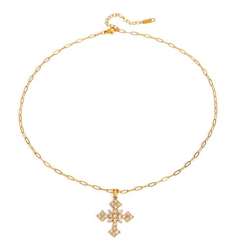 Collier en acier inoxydable Zircon, Acier inoxydable 304, avec 5cm chaînes de rallonge, bijoux de mode & pavé de micro zircon & pour femme, Or cm, Vendu par PC