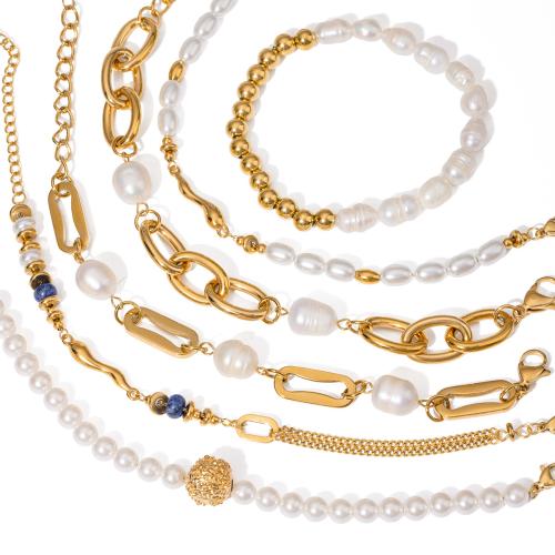 Stainless Steel Chain Bracelets, 304 Stainless Steel, with Plastic Pearl, plated, fashion jewelry & for woman 