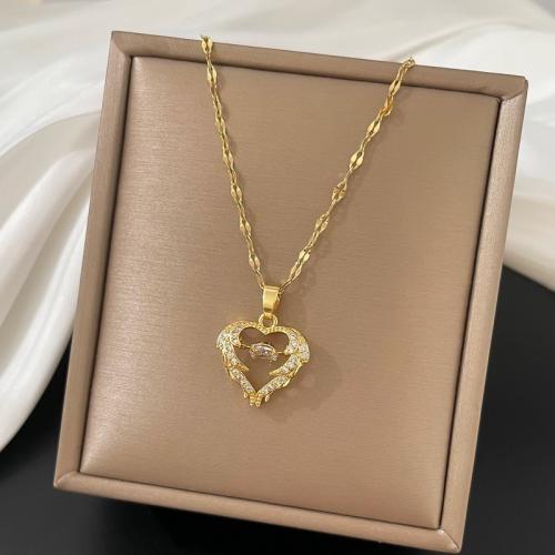 Collar de la joyería de titanio, Partículas de acero, Corazón, chapado, micro arcilla de zirconia cúbica & para mujer, dorado, longitud:aproximado 21-50 cm, Vendido por UD